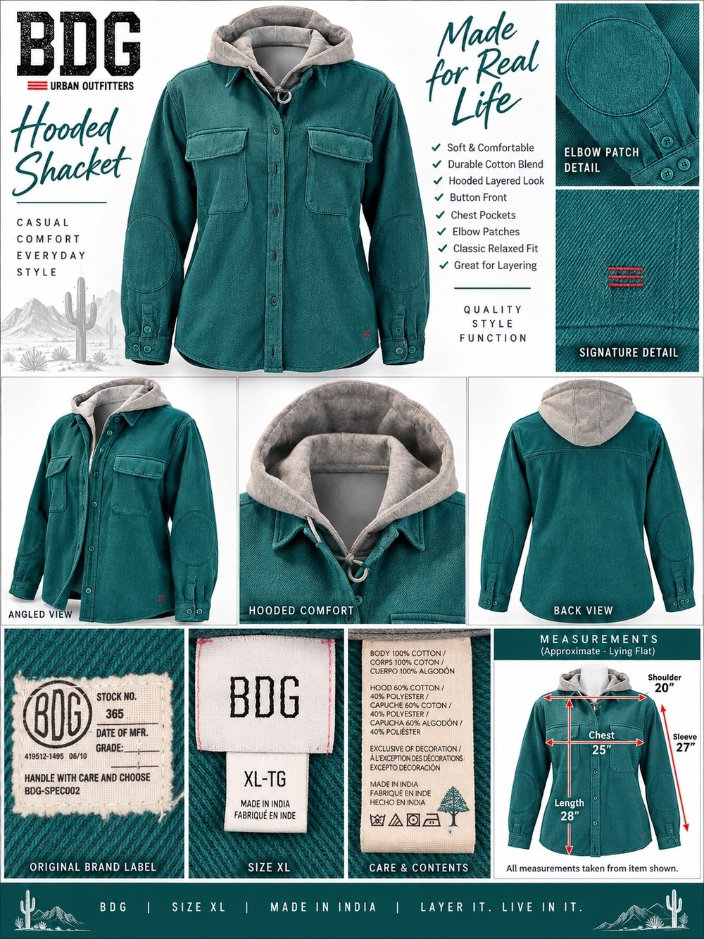 BDG Urban Outfitters XL Teal Hooded Shacket 🩵